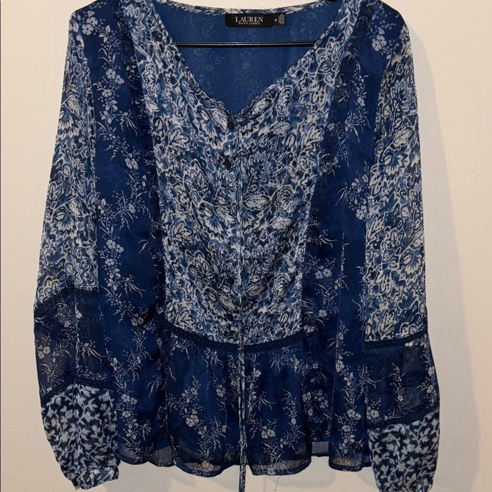 Ralph Lauren Blue Ruched Tie Front Blouse